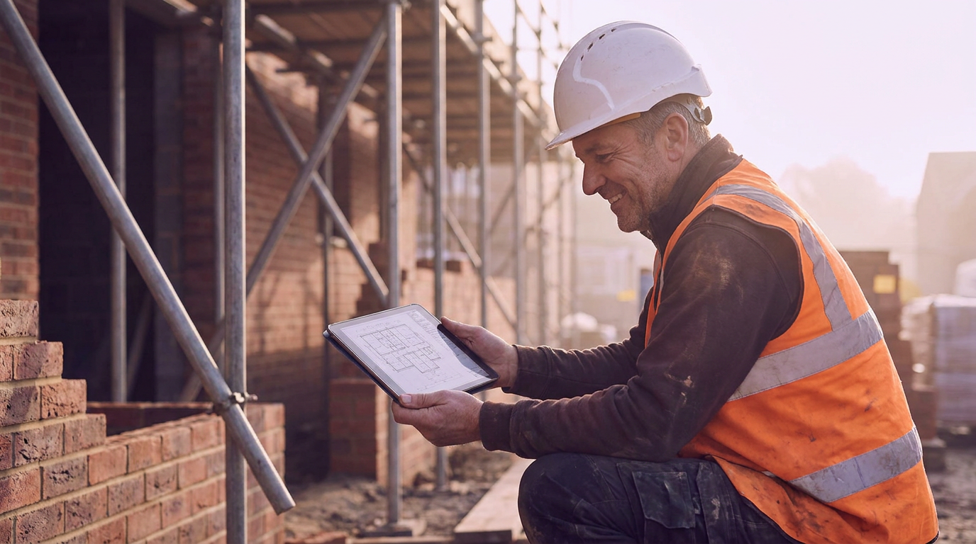 Construction subcontractor checking paperwork on a tablet at a building site