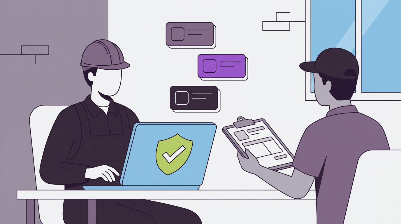 Illustration of a contractor verifying a subcontractor's tax status on a laptop